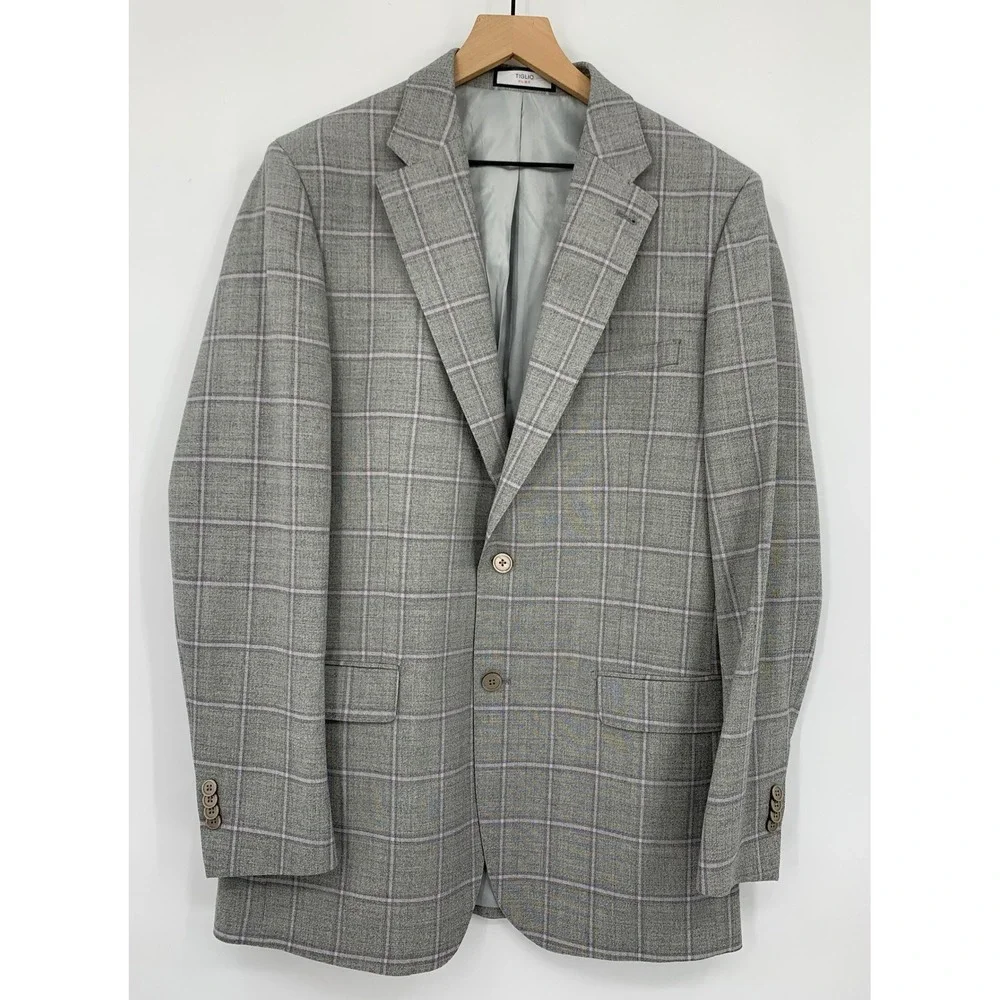Tiglio Blazer Mens‎ 42L Gray Plaid Wool Stretch Flex Two Button Sport Coat Capri
